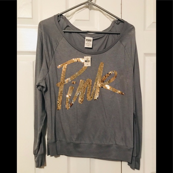 PINK Gold Sequins/ Grey Long Sleeve Shirt - Picture 1 of 2